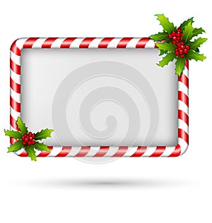 Candy cane frame with holly on white