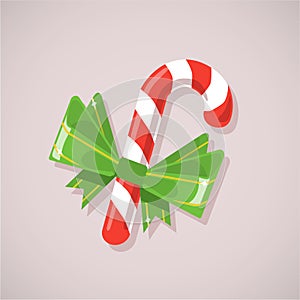 Candy cane with green bow flat icon. Illustration for holiday, sweet, treat or childy concept