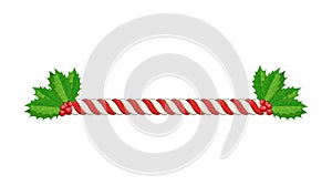 Candy Cane Line Border Divider For Christmas Design. xmas twisted peppermint cane with holly berry vector illustration