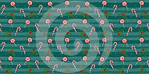 Christmas seamless pattern with candy cane, lollipop, mistletoe and Christmas Holly berries on a dark turquoise striped background