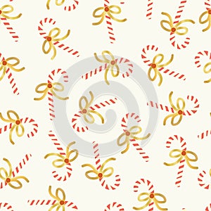 Candy Cane seamless vector pattern. Christmas repeating background with hand drawn candy canes with shiny gold foil bows on white.