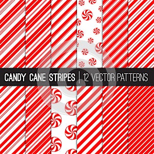 Candy Cane Stripes and Peppermints Vector Patterns in Red and White.