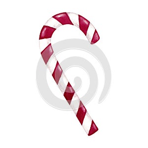 Candy cane with white and red stripes. Traditional Christmas sweet. Hand painted isolated watercolor illustration
