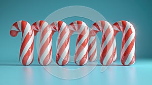Candy canes in a row on a light blue background