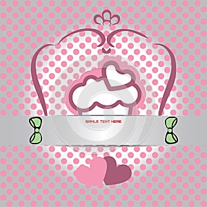 Candy card with cream cake with heart on top, over white and silver background with pink dots