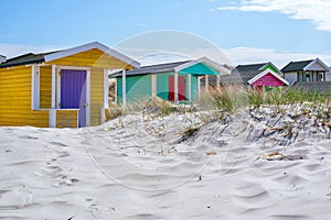 Candy coloured beach hut on Skanor beach in Falsterbo, Skane, Sweden. Swedish tourism concept