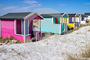 Candy coloured beach hut on Skanor beach in Falsterbo, Skane, Sweden. Swedish tourism concept