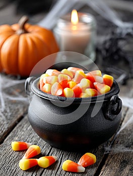 Candy corn in a cauldron with pumpkin and candle in background.