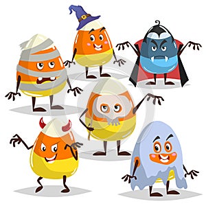 Candy corn in different costumes set. With, Dracula, mummy, ghost and devil. Halloween characters collection. Vector illustration