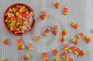 Candy Corn in Orange Bowl with Mess Spill Over