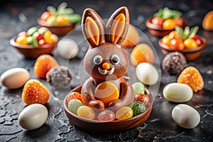 Candy for Easter in the form of a rabbit made of marmalade and chocolate eggs on a dark background