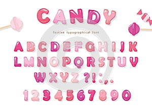 Candy glossy font design. Colorful pink ABC letters and numbers. Sweets for girls.