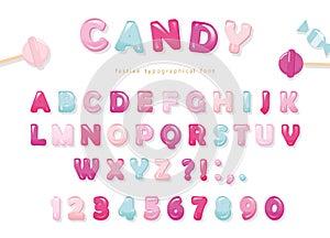 Candy glossy font design. Pastel pink and blue ABC letters and numbers. Sweets for girls.