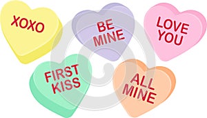Candy heart sayings, sweethearts, valentines day sweets, sugar food message of love on seasonal holiday, hugs and kisses, be mine