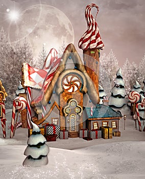 Candy house by a winter snowy forest