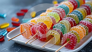 candy kabob display, colorful candy kabob skewers featuring a mix of gummy worms and sour gummy rings perfect for a fun