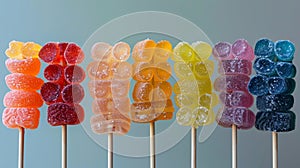candy kabob display, a vibrant display of rainbow gummy candies arranged in a pattern on a stick, ideal for a colorful