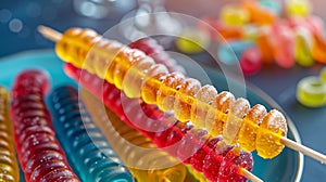 candy kabobs, colorful gummy kabobs feature a mix of gummy worms and sour rings, perfect for a fun and delicious party