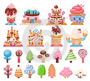 Candy land chocolate biscuit houses and caramel trees. Fantasy city with cake castles. Sweet game lollipops and cupcakes elements