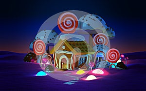 Candy land gingerbread house in pink field at night