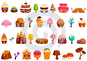 Candy land icons set cartoon vector. Sweet house