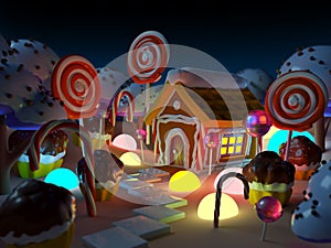 Candy land landscape at night