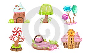 Candy Land Set, Sweet Fantasy Landscape Elements, House, Trees, Plants, Computer or Mobile Game Assets Vector