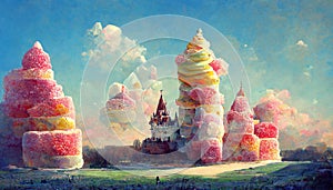 Candy land surreal landscape, castle made of candies