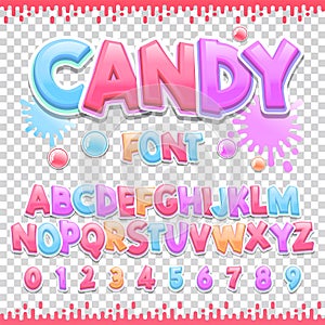 Candy Latin font design. Sweet ABC letters and numbers. Cute children alphabet.