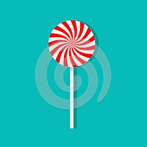 Candy lollipop. Sweet peppermint lollypop on stick. Red-white swirl caramel on cane with shadow on blue background. Christmas icon