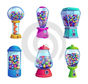 Candy machine. Vending sweets and colored gum for kids exact vector illustrations