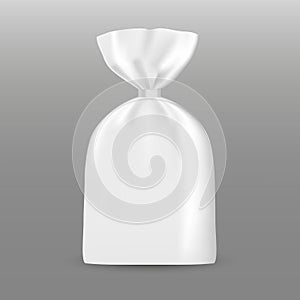 White package mockup with clip. Vector 3d realistic. Blank template. Plastic or cellophane bag packaging for various products. Rea