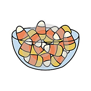 Candy Pumpkins. Cute hand drawn doodles. Traditional sweets for Halloween celebration. Bowl with striped candies isolated on white