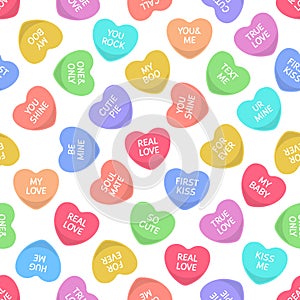 Candy seamless hearts pattern. Colorful heart candies, sweets for valentine day love writings, sweetheart message