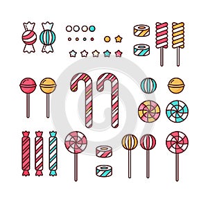 Candy set linear lollipops with sprinkles, spiral and caramel colorful sweets vector illustration.