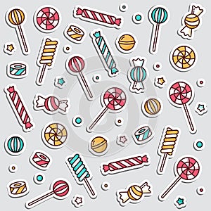Candy set linear lollipops with sprinkles, spiral and caramel colorful sweets vector illustration. Patch badges. Vector