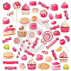 Candy set. Sweet desserts chocolate candies, marshmallow and dragee jelly. Chocolate cookies cupcakes, lollipop sweet