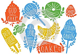 Candy set vector illustration. Shape cupcake,icecream,donut, popcicle, cottoncandt, lollipop, croissant. Stamp icon hand draw