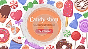 Candy shop banner with sweets