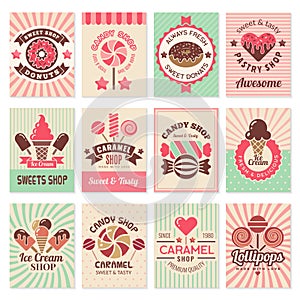 Candy shop cards. Sweet food desserts confectionary symbols for restaurant menu vector flyer collection