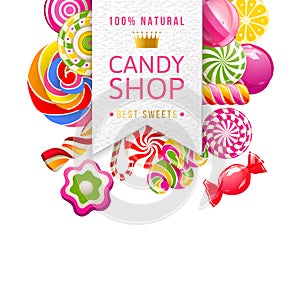 Candy shop label with type design and candies