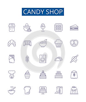 Candy shop line icons signs set. Design collection of Candy, Shop, Sweet, Sugary, Treats, Confection, Interdict