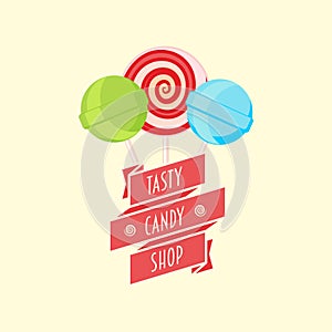 Candy shop logo, sign or symbol design template with three lollipops and ribbon. Sweet icon for cafe or store.