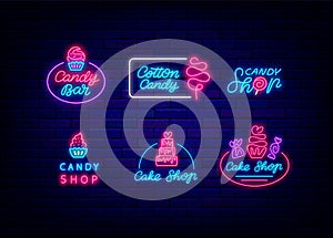 Candy shop neon lettering signboard with icons. Sign collection. One line drawing sweets. Vector stock illustration