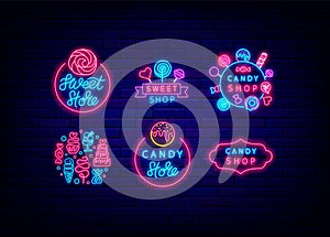 Candy shop neon signboard collection. Circle layout with text for cafe. Light advertising. Vector illustration