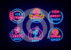 Candy shop neon signboard with icons. Circle badge for cafe. Sign collection. Light advertising. Vector illustration