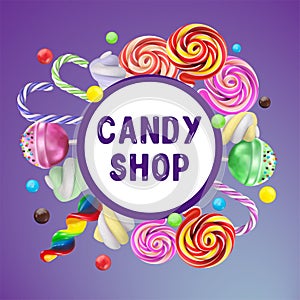 Candy shop poster. Colorful background with sweets - lollipops,hard candies and marshmallow twist on blue background.