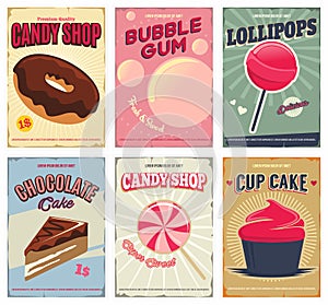 Candy shop retro posters or flyers set with donut, bubble gum, lollipop, chocolate cake, cupcake. Layout templates.