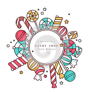 Candy shop round frame background with linear lollipops with sprinkles, spiral and caramel colorful sweets vector