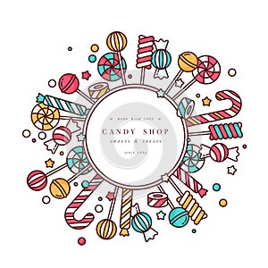 Candy shop round frame background with linear lollipops with sprinkles, spiral and caramel colorful sweets vector